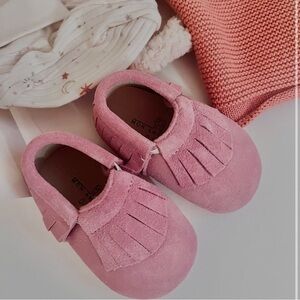 Girls' size 6c pink,  suede  moccasins with rubber sole